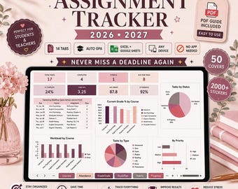 Könnte beinhalten: Ein digitaler Aufgaben-Tracker für 2026-2027 auf einem Tablet-Bildschirm. Die Benutzeroberfläche zeigt Daten-Dashboards mit Aufgabenanzahl, Notendurchschnitten und Arbeitslastdiagrammen. Der Text umfasst 'Assignment Tracker', 'Never Miss a Deadline Again' und 'Plan Smart, Stay Ahead, Achieve Your Goals'.