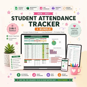 Paket med elevnärvaroövervakning, Google Sheets, Excel, Live Dashboard (digital nedladdning)