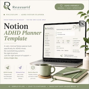 May include: A laptop displaying a Notion ADHD planner template, with a green notebook, pen, and mug. The text reads "Notion ADHD Planner Template" and "ADHD-Friendly". The planner is designed for ADHD minds, offering a calm and minimal approach.