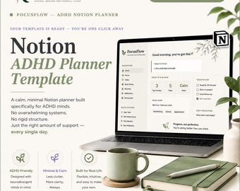 Notion ADHD Planner Template | Minimal Productivity System | Time Blindness Buster | Routine Tracker | Hyperfocus log | Self Care Vault