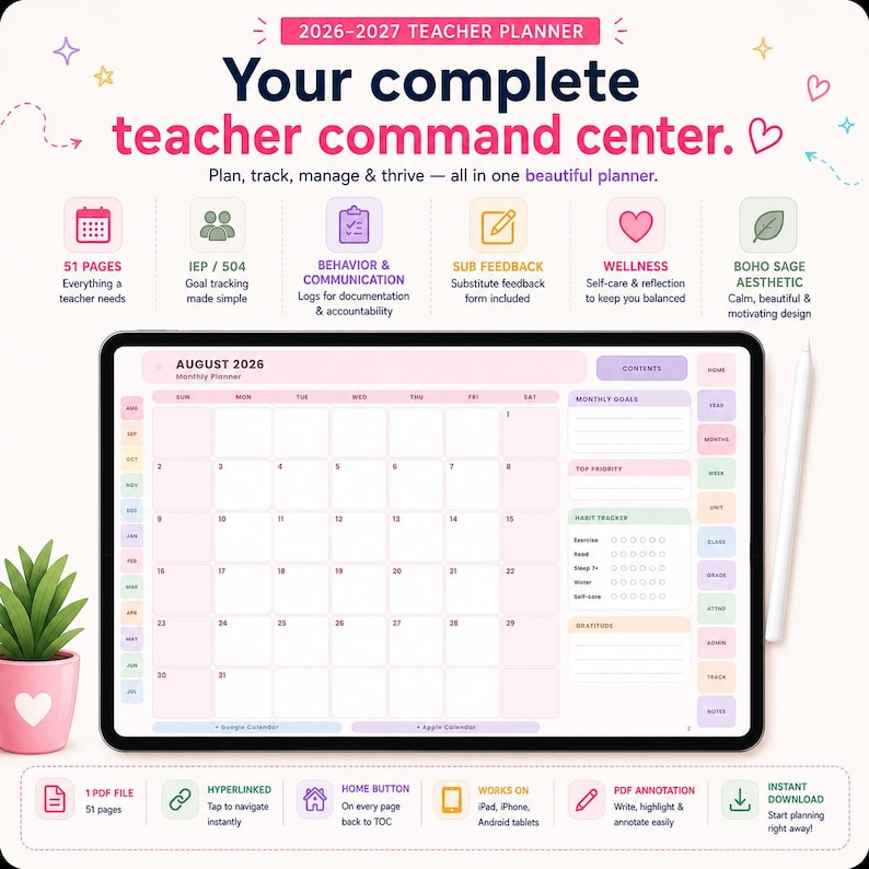 Digital Teacher Planner iPad GoodNotes Notability | IEP Tracker Classroom Organizer | Blush & Lilac Colors image 2