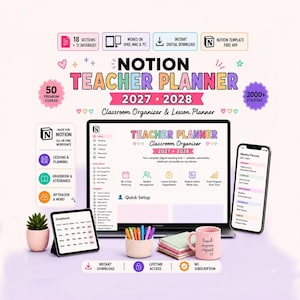 Agenda Notion pour enseignants 2027-2028, Organisateur de classe numérique (Téléchargement instantané)