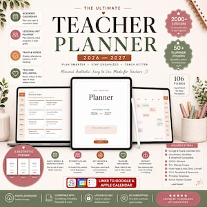Puede incluir: Un planificador digital para docentes del año académico 2026-2027 mostrado en tabletas. Incluye secciones para planificar lecciones, seguimiento de estudiantes y bienestar, con más de 2000 pegatinas, 50+ portadas, 106 páginas y enlaces a calendarios.