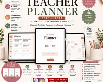 May include: A digital teacher planner for the 2026-2027 academic year displayed on tablets. The planner features sections for lesson planning, student tracking, and wellbeing. Includes 2000+ stickers, 50+ covers, 106 pages, and Google and Apple calendar links.