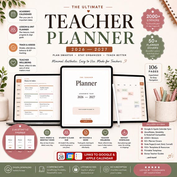 Digital Teacher Planner 2026-2027, GoodNotes, Sage Blush and Clay themes