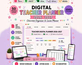 May include: A digital teacher planner for 2026-2027 displayed on a tablet, laptop, and mobile device. The interface includes sections for lesson planning, gradebooks, attendance, and IEP tracking, compatible with Google Sheets and MS Excel.