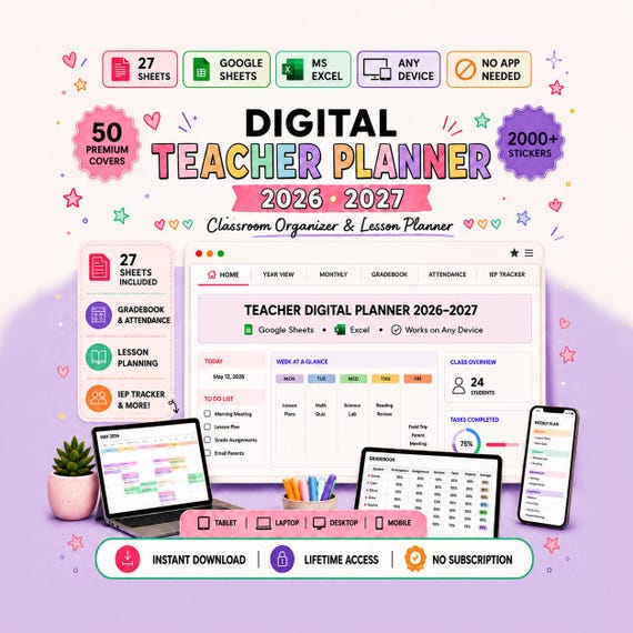 Digital Teacher Planner Classroom Organizer for Google Sheets and Excel