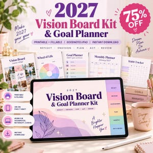 Könnte beinhalten: Ein 2027 Vision Board Kit und Zielplaner-Set mit einem Tablet, das eine farbenfrohe Oberfläche mit Reitern für Reflexion, Vision, Planung, Monatliches sowie Handeln und Überprüfen zeigt, ergänzt durch ausgedruckte Planungsseiten.