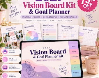 Op de afbeelding: Een 2027 Vision Board Kit en doelplanner-set met een tablet die een kleurrijke interface toont met tabbladen voor reflectie, visie, planning, maandelijks, en actie en evaluatie, naast geprinte pagina's voor het plannen van doelen.