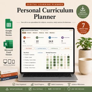 Peut inclure: Un planificateur d'apprentissage numérique affiché sur un écran d'ordinateur portable, présentant un tableau de bord pour les sujets, les ressources, les heures d'étude et les jalons. L'interface inclut des onglets et une grille de progression.