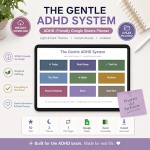 Può includere: Il pianificatore Google Sheets The Gentle ADHD System visualizzato sullo schermo di un tablet con una griglia di pulsanti rettangolari colorati etichettati Today, Brain Dump, Task List, This Week, Habits, Routines, Focus & Rewards, Reset e Start Here.