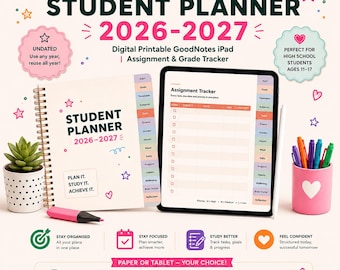 Könnte beinhalten: Ein digitaler und druckbarer Schülerplaner 2026-2027 mit einem Spiralblock und einem Tablet, das einen Aufgabenplaner anzeigt. Das Set enthält bunte Registerkarten, eine Sukkulente im gepunkteten Topf, einen rosa Stiftehalter mit Stiften und Text.