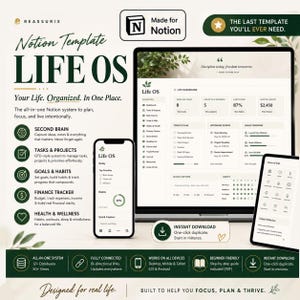 以下が含まれることがあります： ノートパソコン、スマートフォン、タブレットに表示された「Life OS」というタイトルのNotionデジタルテンプレート。インターフェースには、タスク、プロジェクト、習慣、財務のセクションがあるダッシュボードが表示されています。テキストには「Life OS」や「Made for Notion」などが含まれています。