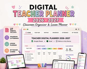 Digital Teacher Planner Classroom Organizer Google Sheets | MS Excel Grade Book Attendance Sub Plans IEP Tracker, Works on Any Device
