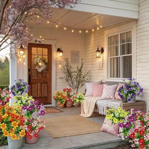 Peut inclure: Un porche accueillant orné de fleurs colorées en pots, un banc avec des coussins et une couverture, et une porte en bois avec une couronne. Des guirlandes lumineuses et des lanternes ajoutent à l'atmosphère invitante. Un espace extérieur chaleureux.