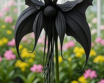 Può includere: Un suggestivo fiore nero con petali unici a forma di ala di pipistrello e delicati viticci pendenti. Il centro del fiore è una sfera scura e strutturata, su un sottile stelo verde. Lo sfondo presenta fiori colorati sfocati.