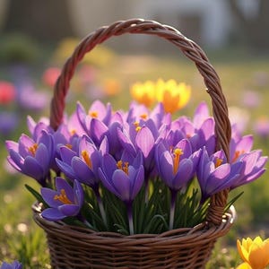 Peut inclure: Un panier en osier débordant de crocus violets aux centres jaunes. Le panier est posé dans un champ d'herbe verte et d'autres fleurs colorées, créant une scène printanière joyeuse et lumineuse.