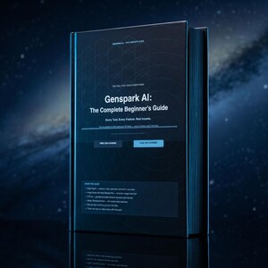 Può includere: Un libro con copertina rigida intitolato "Genspark AI: The Complete Beginner's Guide" con una copertina blu scuro. Il libro è ambientato su uno sfondo blu scuro con un design galattico. Il titolo e il sottotitolo del libro sono in testo bianco.