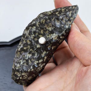 May include: A dark, textured, elongated stone with irregular light-coloured mineral inclusions throughout its surface. A small, circular, silver-coloured metal stud is embedded into the centre of the stone, creating a contrast with the dark rock.