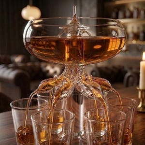 May include: A clear glass decanter filled with amber liquid, pouring into six shot glasses. The decanter has a unique design with a large bowl and intricate, flower-like spouts. A candle and a blurred background are visible.