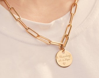Personalized Disc Chunky Link Necklace, engraved disc and link chain necklace, gold chunky chain for her - Merci Maman