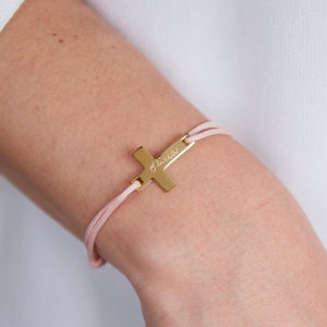 Personalized Flat Cross Braid Bracelet Merci Maman gift for christening, baptism or communion hand engraved gift for children image 1