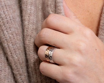Bague personnalisée Martelée - Gravé à la main - Plaque or, Argent 925