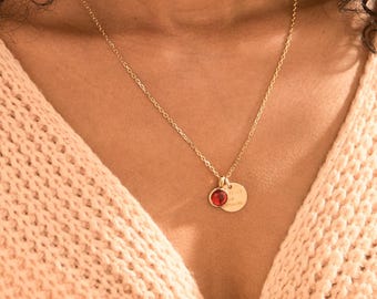 Collier Message & Pierre de naissance personnalisé - Gravé à la main - Plaqué or, Argent 925