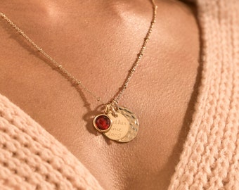 Personalized Hammered Disc & Birthstone Necklace - Merci Maman, gift for Mother's Day, gift for new mom