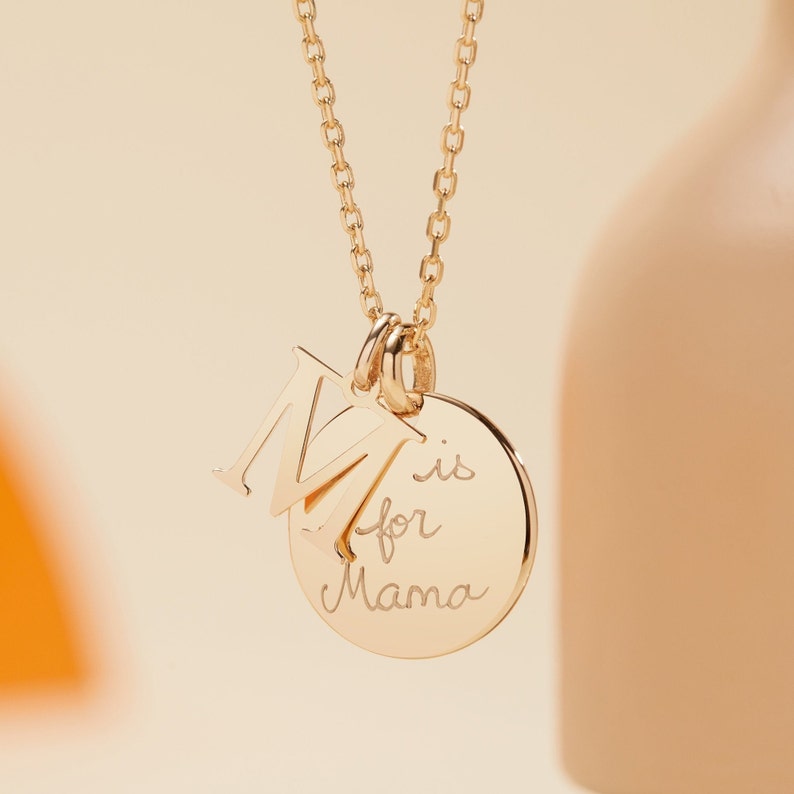 Personalized Alphabet Necklace - Merci Maman, hand-engraved disc and letter necklace, birthday necklace, new mom gift 