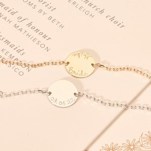 Personalized Pastille Disc Chain Bracelet Merci Maman gift for bridesmaids, friends or mum gold stacking bracelet, 21st birthday gift image 6