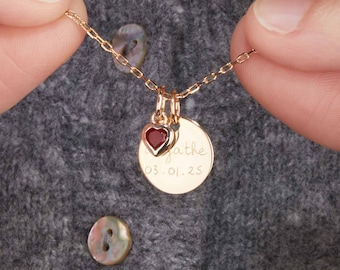 Collier Message & Pierre de naissance Coeur personnalisé - Gravé à la main - Plaqué or, Argent 925