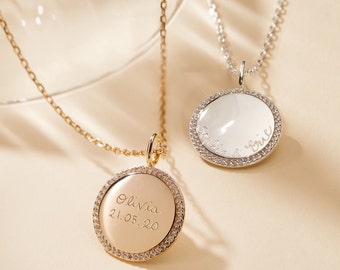 Personalised Crystal Disc Necklace, Merci Maman gift for her, gift for new mum, 30th birthday gift for her