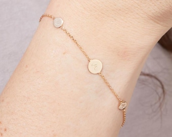 Bracelet Pastille Initiale personnalisé - Gravé à la main - Plaqué or, Argent 925