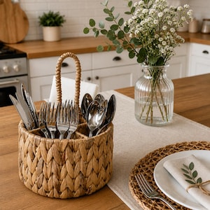 Portaposate in giacinto d'acqua intrecciato a mano, cestino rotondo in rattan intrecciato, organizer per posate da cucina