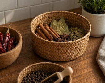 Rattan storage basket for home organization, kitchen, fruits, vegetables, desktop decor