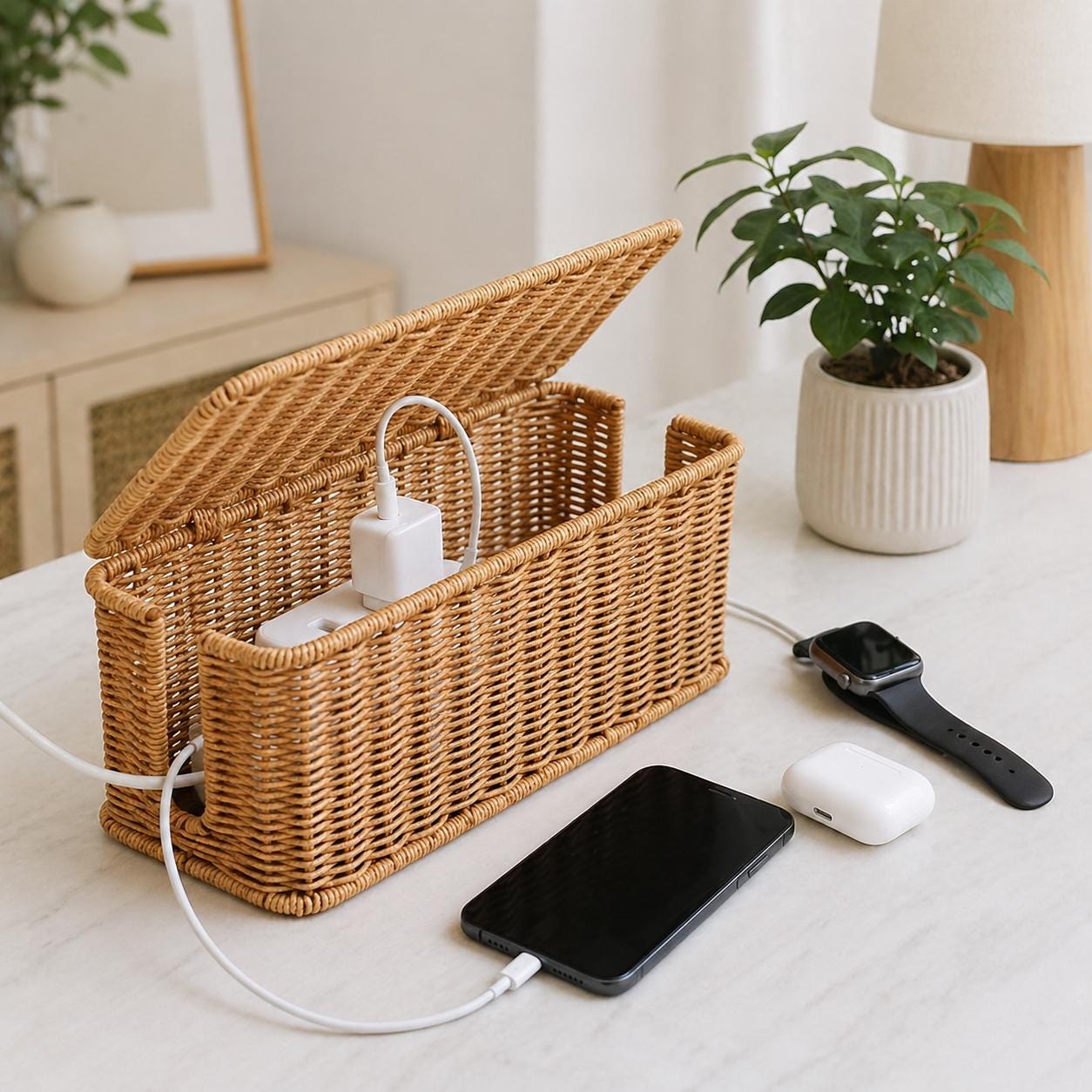 Handwoven Rattan Cable Management Box – Decorative Cord Organizer With Safety Lock, 2 Side Openings For Power Strips, Brown – Medium