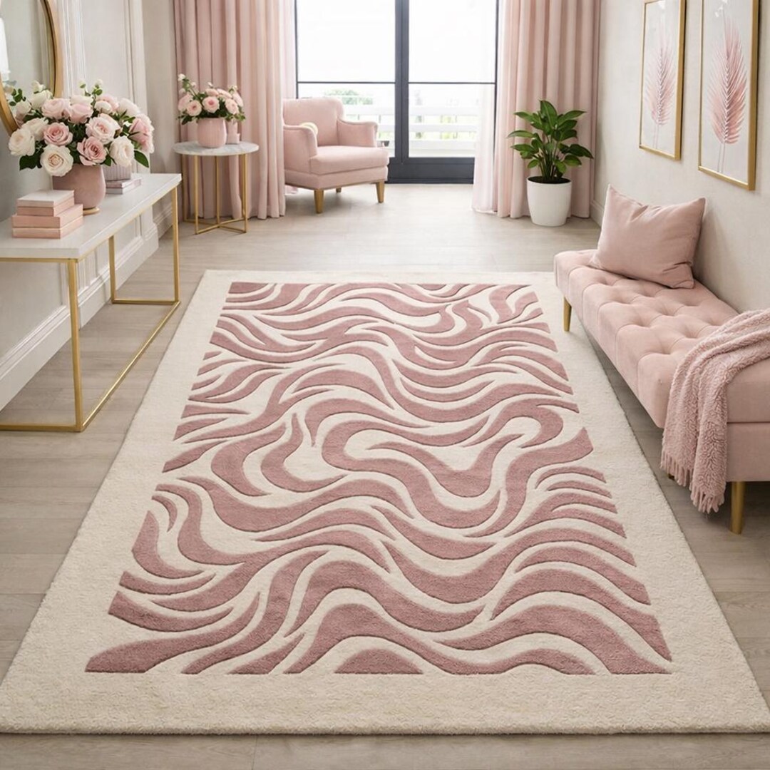 Luxury Pink Abstract Hand Tufted Rug, Modern Wavy Area Carpet, Soft ...