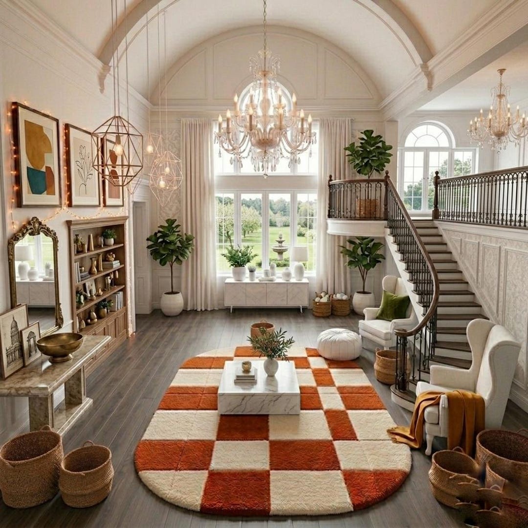 Luxurious High Ceiling Living Room Decor With Retro Terracotta ...