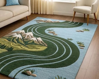 Luxury Mountain River Hand Tufted Rug – Nature Inspired Modern Area Rug, Scenic Landscape Carpet for Living Room, Designer Wool Tufted Rug.