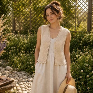 May include: A sleeveless cream-colored knit vest featuring a V-neckline, a button-down front with four matching buttons, and a scalloped edge detail along the trim. The vest is worn over a simple, light-colored dress with a gathered waistline.