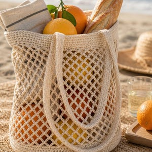 May include: A beige crocheted tote bag filled with oranges, lemons, and a baguette. A folded beige towel with black stripes is visible. A straw hat, a glass of liquid, and a bottle are in the background. The scene is set on a sandy beach.