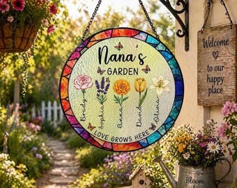 Custom Nana's Garden Stained Glass Suncatcher, Personalized Family Window Hanging Ornament