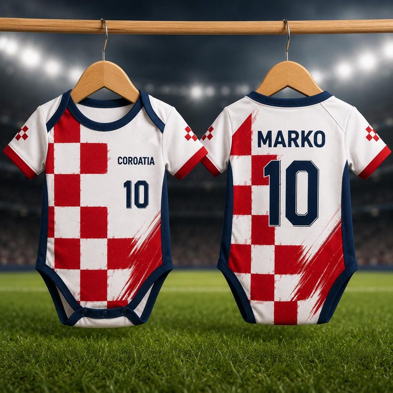 Custom Croatia Baby Soccer Jersey Bodysuit, Personalized Football Onesie, Newborn Fan Apparel image 2