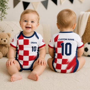 Custom Croatia Baby Soccer Jersey Bodysuit, Personalized Football Onesie, Newborn Fan Apparel image 1