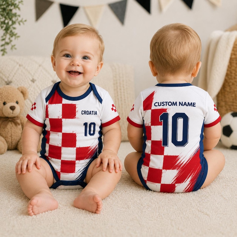 Custom Croatia Baby Soccer Jersey Bodysuit, Personalized Football Onesie, Newborn Fan Apparel image 1