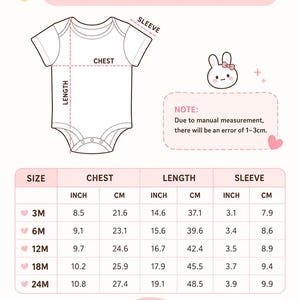 May include: A sizing chart for a baby jersey bodysuit featuring a line drawing of the garment with labelled chest, length, and sleeve measurements. A table provides dimensions in inches and centimetres for sizes 3M to 24M, with a note about a 1-3cm margin of error.