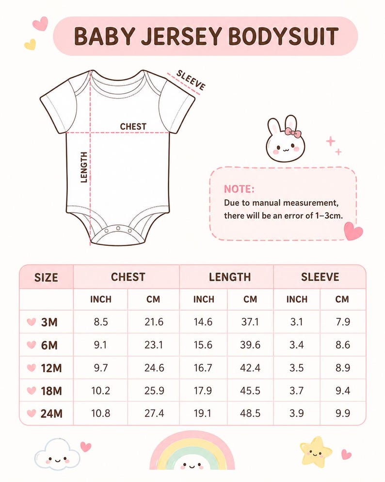 May include: A sizing chart for a baby jersey bodysuit featuring a line drawing of the garment with labelled chest, length, and sleeve measurements. A table provides dimensions in inches and centimetres for sizes 3M to 24M, with a note about a 1-3cm margin of error.