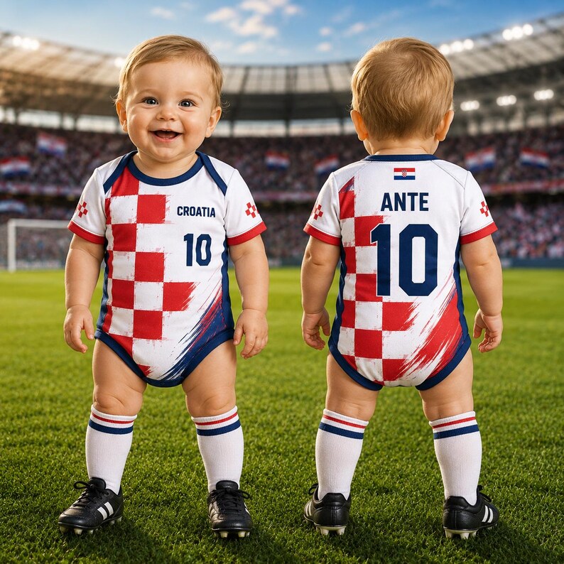 May include: A baby bodysuit featuring the red and white Croatian checkerboard pattern, the text "CROATIA" and "ANTE" with the number "10" on the front and back, paired with white socks and black athletic shoes, displayed on a football pitch.