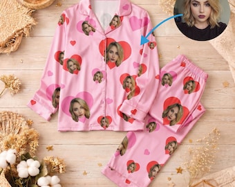 Pijama de satén con rostro personalizado, pijama con foto de corazón personalizada, regalo para el Día de la Madre, pijama para parejas en aniversario.